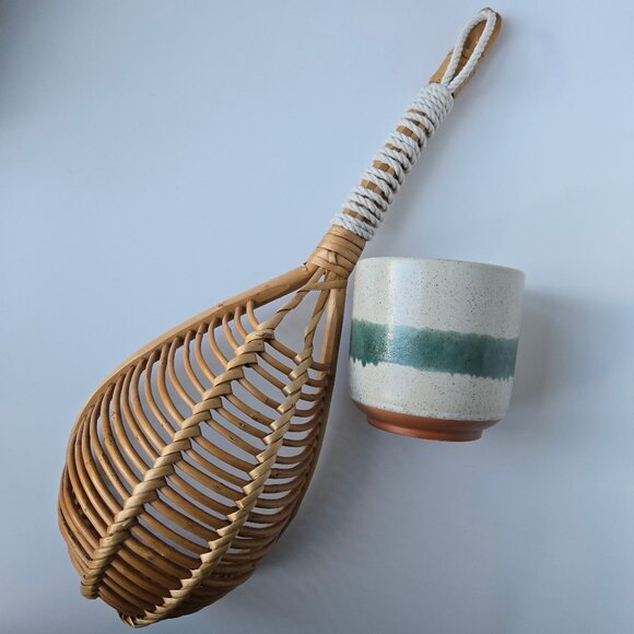 Hanging planter cache-pot rattan bamboo wicker ceramic pot macramé hook - Picture 5 of 7